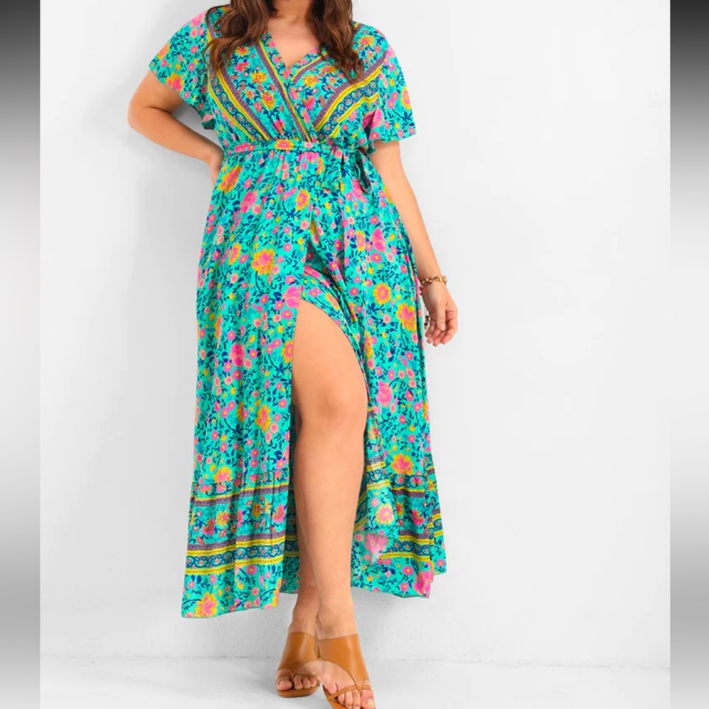 Floral Belted Ruffles Button Wrap Maxi Dress